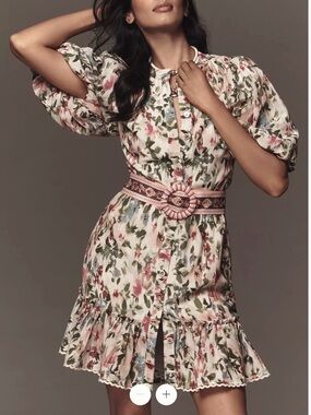 🌺🌺NEW FARM Rio for Anthropologie Beaded-Belt Mini Shirtdress Pink & Green Small